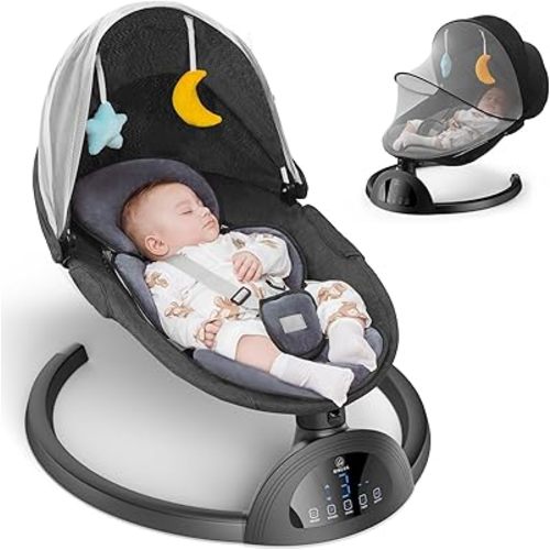 Electric Baby Swing for Infants to Toddler, Bluetooth Baby Rocker with Music Speaker, Protable Bouncer, 5 Sway Speeds 6 Seat Positions, Remote Control for Indoor, Boy, Girl