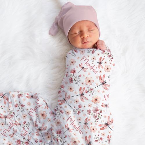 Personalized Dragonfly Swaddle Blanket Wildflower Name Baby Blanket Newborn Baby Girl Coming Home Outfit Hospital Outfit Baby Shower Gift