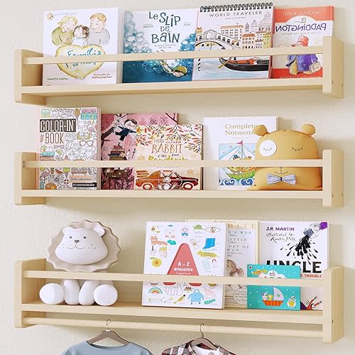 MXCSE Nursery Floating Bookshelf for Kids, Wall Mounted Kids Book Shelf with Toy Storage, Pine Wood Nursery Shelves for Playroom, Bedroom, Toddler Room, Set of 3