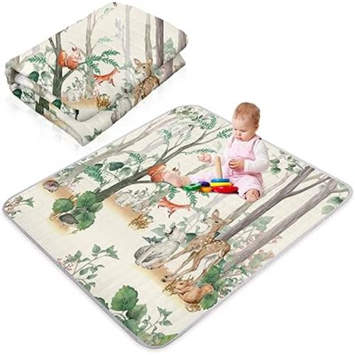 Funtery 43 x 43 Inch Boho Rainbow Baby Play Mat Portable Crawling Washable Foldable Tummy Time Non Slip Baby Floor Large Playpen Mat for Infants Toddlers Floor Playpen Activity(Jungle Animal)