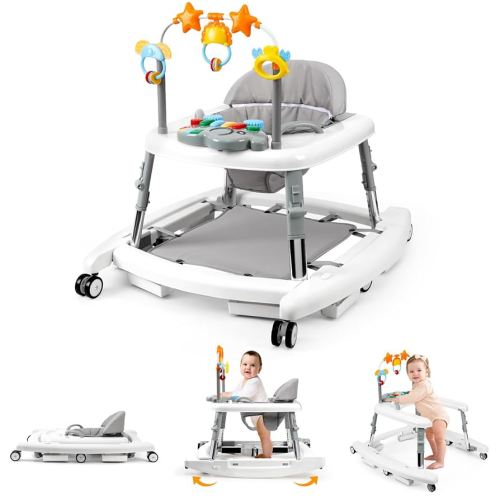 5-in-1 Music and Lights Baby Walker Foldable with 5 Adjustable Heights, Baby Walker with Wheels and Bouncer Combo Portable, Infant Toddler Walker for Baby Boy Girls 6-18 Months