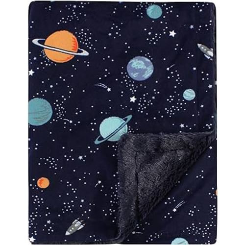 Hudson Baby Unisex Baby Plush Blanket with Furry Binding and Back, Space, One Size