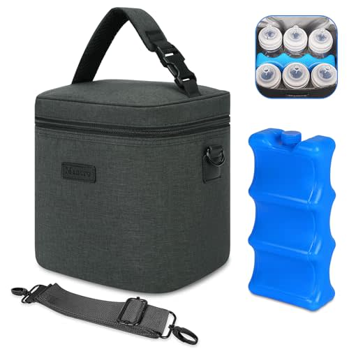 Mancro Breastmilk Cooler Bag with Ice Pack, Insulated Bottle Bag for 6 Baby Bottles (Up to 9 Ounce) with Shoulder Strap for Nursing Moms on the Go or Daycare, Dark Grey
