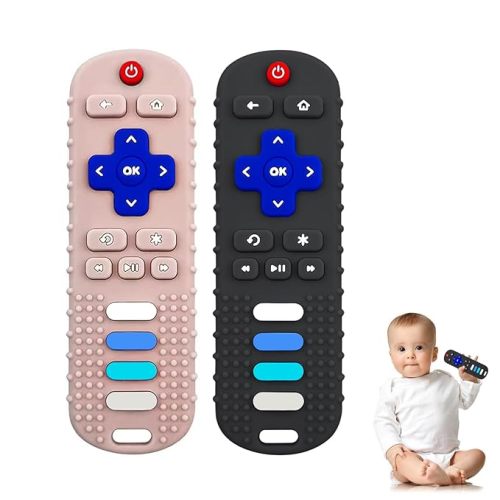 Babay Teething Toys, Soft Reomte Teether Toys, 2 Pcs Silicone Chew Toy for Babies 18 Months+, Remote Control Shape Teething Toys,BPA Free & Refrigerator Safe - Black&Khaki