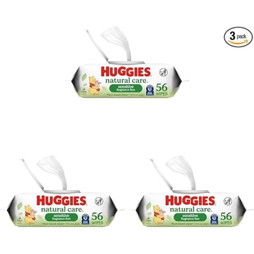 Huggies Natural Care Sensitive Baby Wipes, Unscented, Hypoallergenic, 99% Purified Water, 1 Flip-Top Pack (56 Wipes Total) (Pack of 3)