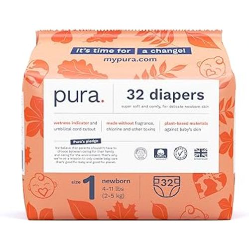 Size 1 Eco-Friendly Diapers (4-11lbs) Hypoallergenic, Soft Organic Cotton Comfort, Sustainable, Wetness Indicator, Allergy UK Certified. Newborn 1 Pack of 32 Baby Diapers