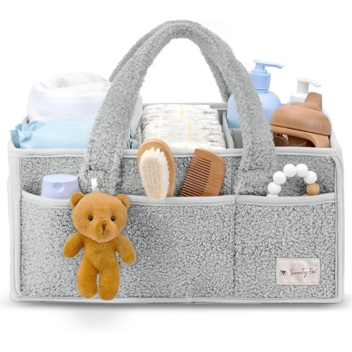 Baby Diaper Caddy Organizer Bag, Portable Soft Sherpa Nursery Basket, Grey