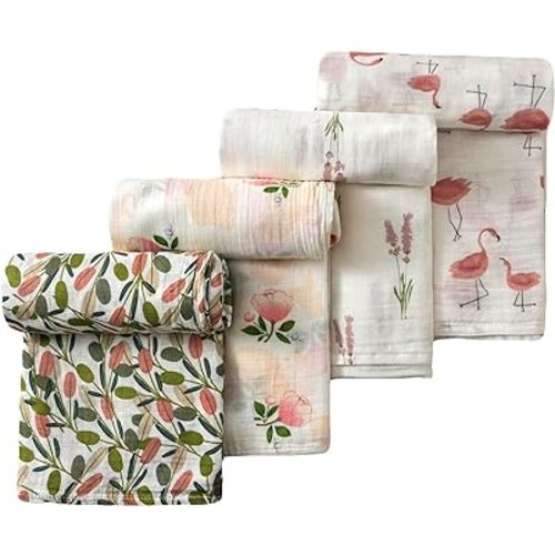 4-Pack Muslin Swaddle Blankets for Baby Girls - Silky Soft and Breathable Baby Blankets for Girl, Large Receiving Blankets (4 Pack -Peach Floral)