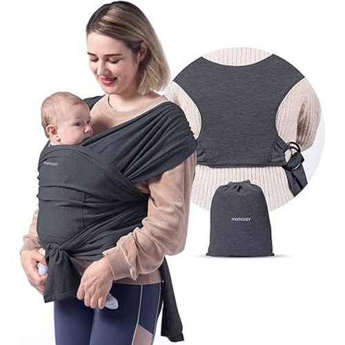 Momcozy Baby Wrap Carrier, Easy to Wear Infant Carrier Slings, Lightweight Hands Free Baby Sling, Adjustable Baby Carriers for Newborn to Toddler 8-35 lbs, Deep Grey