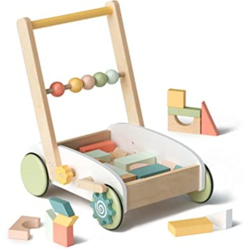 ROBOTIME Baby Push Walker, Wooden Baby Walker Push Toy with Blocks, Walking Toys for 1 2 3 Year Old Learning to Walk, Push Walkers with Wheel Develops Motor Skills for Infant to Toddler