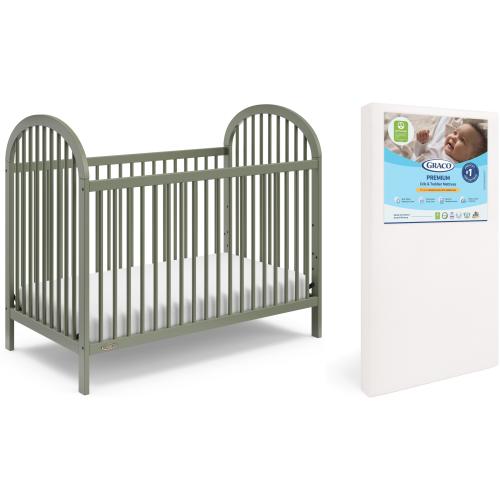 Graco Olivia 3-in-1 Convertible Crib and Premium Crib & Toddler Mattress Bundle, Olive