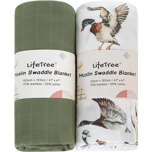 LifeTree Muslin Swaddle Blankets Neutral, Baby Swaddling Wrap Nursery Receiving Blanket for Boys & Girls, 70% Viscose from Bamboo and 30% Cotton, Large 47 x 47 inches Mallard Duck/Olive Green