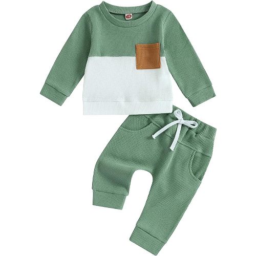 Kupretty Toddler Baby Boy Fall Winter Clothes Color Block Long Sleeve Sweatshirt Pullover Tops + Joggers Pants Outfit Set