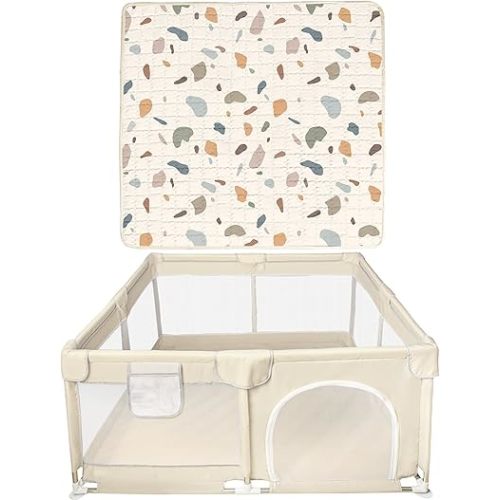 Baby Playpen with Mat, 50x50 Inch Playpens for Babies and Toddlers, Foldable Playpen with Carrying Bag, Play Yard for Indoor and Outdoor with Visible Mesh(Beige Boho)