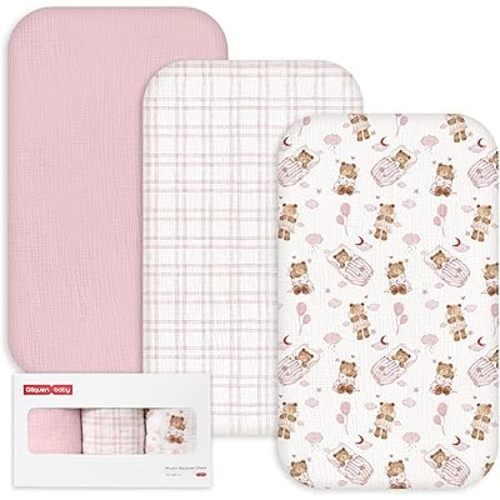 Gllquen Baby 3-Pack Muslin Cotton Bassinet Sheets, 33"x20" Fitted Crib Sheets for Bedside Sleeper & Travel Crib, Oeko-TEX Certified Soft Breathable Sheets, Easy On/Off (Bear's Dreamland)