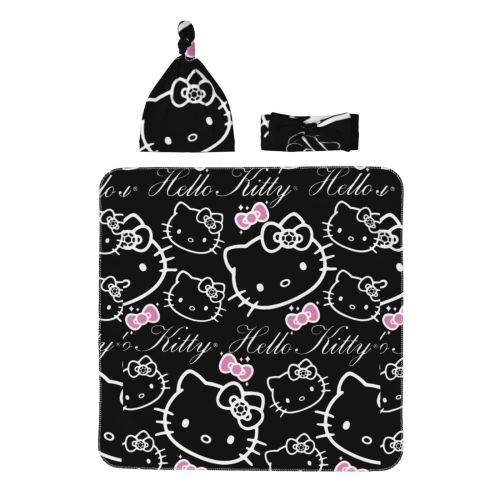 Hello Kitty Newborn Essentials Receiving Baby Beanie Hat Headband Swaddle Blanket Set-Nursery Swaddle Wrap Baby Girl Sleeping Bag