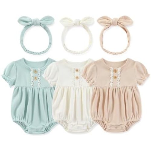 MAMIMAKA Newborn Baby Girl Clothes Cotton Bubble Romper Short Sleeve Bodysuit 3 Pack