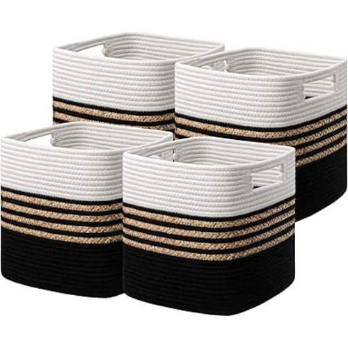 UBBCARE Set of 4 Storage Cubes 11 X 10.5 X 10.5 in, Water Hyacinth Storage Bins for Shelves, Toys, Books, Organizing Baskets with Handles, Cotton Rope Woven Baskets, Black