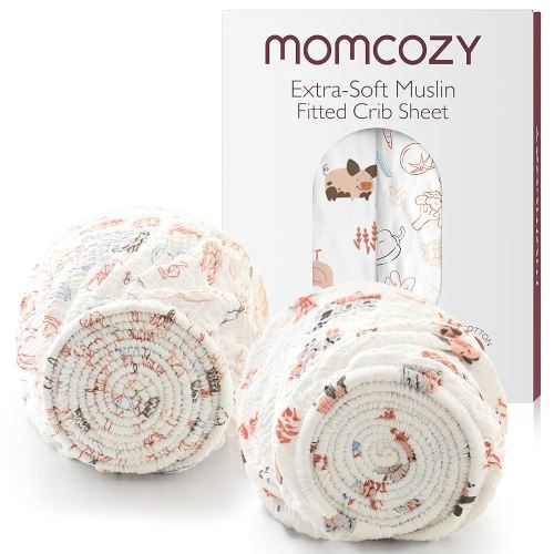Momcozy Best Wishes Muslin Fitted Mini Crib Sheets, 38''x26'', 2 Pack Soft Breathable Natural Cotton Baby Mattress Sheet, 360° Mattress Wrapping Boys Girls Neutral Toddler Bed Sheet, Farming Joy