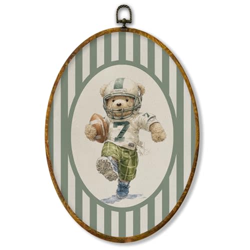 XPH Vintage Football Bear Nursery Oval Wall Art Framed, Football Bear Oval Wall Decor Accents, Green Striped Sports Animal Hanging Canvas Prints for Home Kids Boy Room Playroom Bedroom Decoration, 8.6x11.4 Inch