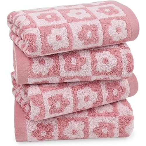 Jacquotha Cotton Hand Towels Pink Checkered Floral - Quick Drying Hand Towel Set of 4, for Women Girls Wife Mom Daughters, 29” x 13”