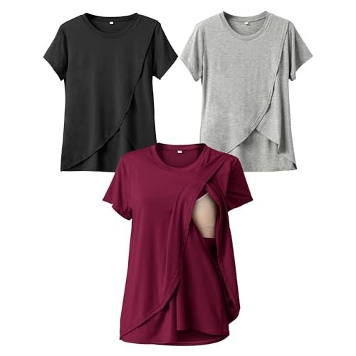 Rnxrbb Summer Nursing Tops for Breastfeeding T Shirts Short Sleeve Postpartum Clothes Sets 3 Pack Double Layer