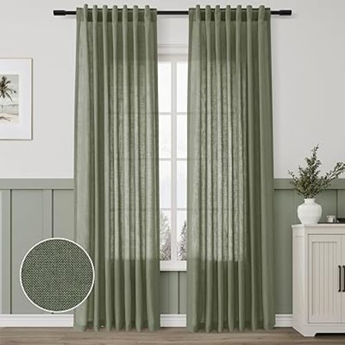Linen Blend Green Curtains 84 Inches Long 2 Panels for Living Room Back Tab Pocket Light Filtering Sheer Privacy Olive Green Window Curtain Aesthetic Neutral Decor Muted Earthy Tone Drapery Bedroom