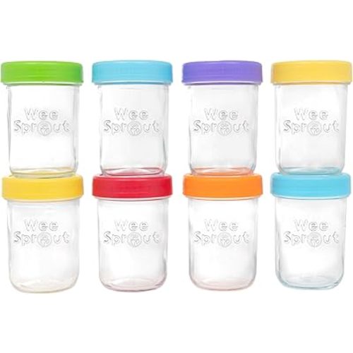 WeeSprout Glass Baby Food Storage Jars w/Lids (8 oz, 8 Pack Set) Snack, Puree, Reusable Small Containers, Breast Milk, Fridge or Freezer, Microwave & Dishwasher Safe, Essential Must Have for Infants
