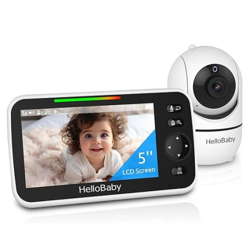 HelloBaby Upgrade Baby Monitor, 5''Sreen with 30-Hour Battery, Pan-Tilt-Zoom Video Baby Monitor with Camera and Audio, Night Vision, VOX, 2-Way Talk, 8 Lullabies and 1000ft Range No WiFi