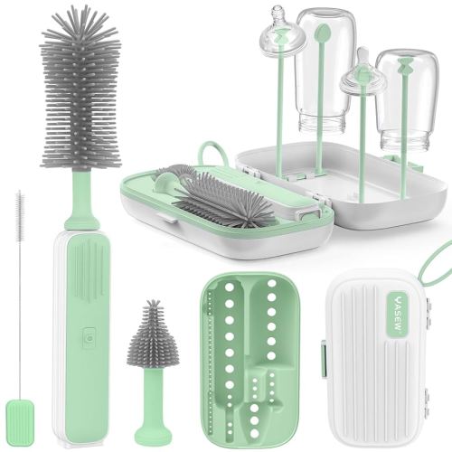Electric Bottle Brush Cleaner, Baby Bottle Brush Travel Set, 360° Efficient Cleaning, Durable 2000 mAh Battery, Travel Bottle Brush Set with Drainage Rack and Storage Box, Baby Travel Essential
