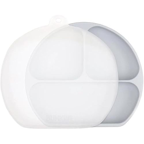 Bumkins Toddler and Baby Suction Plate, Silicone Divided Grip Dish and Lid, Babies and Kids, Baby Led Weaning, Children Feeding Supplies, Non Skid Bottom, Platinum Silicone, Ages 6 Months Up, Gray