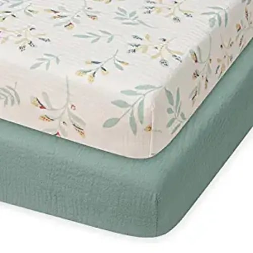 Muslin Pack N Play Sheets Fitted for Pack and Play Mattress and Mini Cribs, Muslin Cotton for Natural Comfort Fitted Baby Boys and Girls, Boho Baby Nursery Design, 2 Pack (Roman Green&Botanical Leaf)
