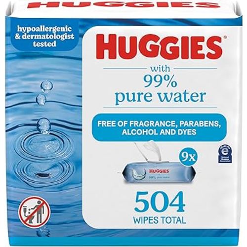 Huggies 99% Pure Water Baby Wipes, Unscented, 9 flip-top packs (3 Packs of 3), 504 Wipes Total, Packaging May Vary