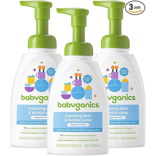 Babyganics Foaming Dish & Bottle Soap, Pump Bottle, Fragrance Free, Plant-Derived Cleaning Power, Removes Dried Milk, 16 Fl Oz, (Pack of 3), Packaging May Vary
