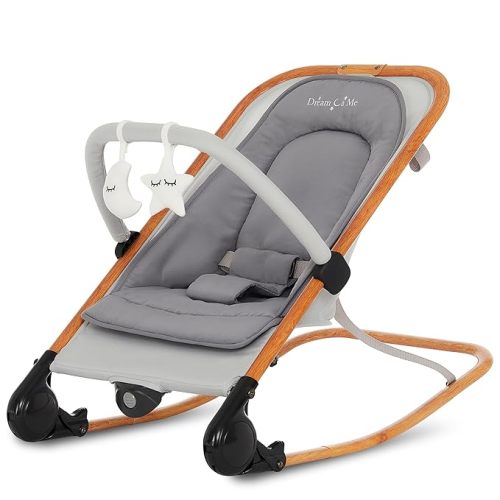 Dream On Me Rock On Me 2-in-1 Baby Rocker and Stationary Seat, Adjustable Recline, Gentle Music & Vibration, 3-Point Safety Harness, Detachable Toy Bar, Folds Compact for Travel – Grey