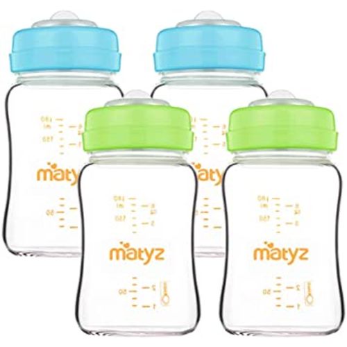 Matyz Glass Breastmilk Storage Containers, 4 Pack, 6 oz Bottle, Fit with Spectra Medela Avent Pump - Wide Mouth Breastmilk Collection and Storage Bottle with Lids - BPA Free (2 Green & 2 Blue Lids)