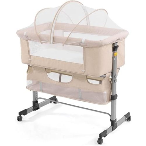 3in1 Bedside Crib for Girl or Boy, Bedside Sleeper for Baby Portable and Adjustable Crib with Mosquito net for Newborn Baby,Deep Khaki