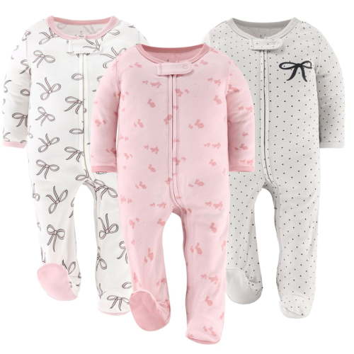 The Peanutshell Sleep n Play Pink Balletcore Footed Pajamas for Baby Girls Set, Newborn, 3-Pack