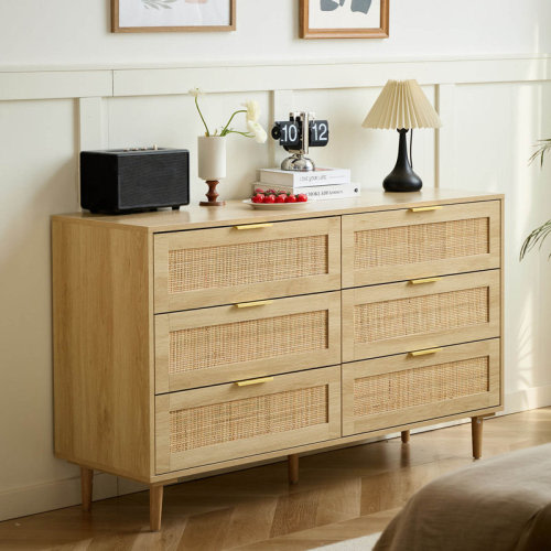 Bay Isle Home™ Aimara 51" Rattan 6 Drawer Dresser for Bedroom, Boho Wood Dresser with Gold Handles & Wood Legs & Reviews | Wayfair