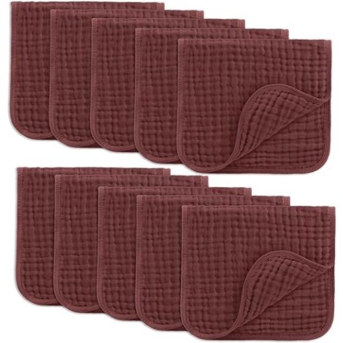 Comfy Cubs Muslin Burp Cloths Set Large 100% Cotton Hand Washcloths for Babies, Baby Essentials 6 Layers Extra Absorbent and Soft Boys & Girls Baby Bibs & Burp Cloths Set (Wine, 10-Pack, 20" X10")