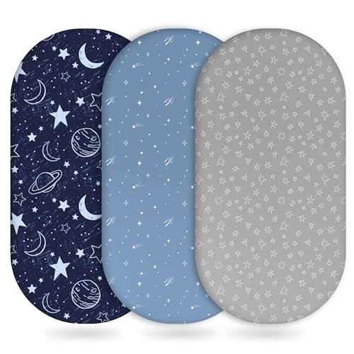 Unnivoll Baby Bassinet Sheets Girl Boy, Fitted Bassinet Sheet Set 3 Pack Bassinet Mattress Sheets Universal Fit for Rectangle, Round, Oval, Hourglass Mattress, Soft Breathable Blue Gray Planet