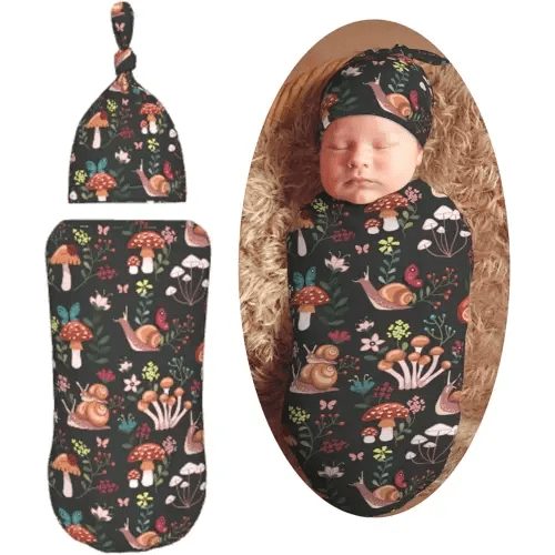 Mushrooms Snails Butterflies Newborn Swaddle Blankets Hat Sets Soft Baby Receiving Blanket Swaddle Sack for Baby Shower Infant Boy Girl Gift