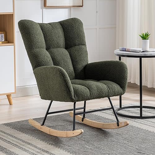 Nursery Rocking Chair Teddy Upholstered Glider Rocker Rocking Accent Chair with High Backrest Armchair Comfy Side Pocket Chair for Living Room, Bedroom, Offices (Dark Green)