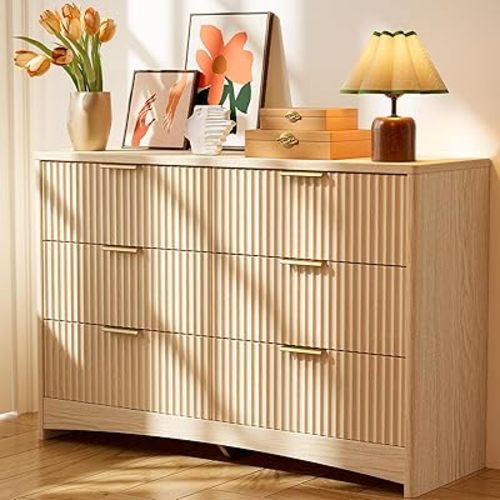 Pipishell Fluted 6 Drawers Dresser for Bedroom, 47" Wooden Drawers with Metal Handle, Kids Dressers with Round Corner Design, Closet Storage Organizer for Bedroom, Hallway, Natural Oak
