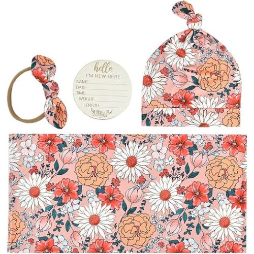 Baby Girl Newborn Receiving Blanket with Headband and Beanie Personalized Wood Birth Announcement Card Set Baby Swaddle Floral Print Nursery Swaddle Wrap (Retro Flowers - Pink)