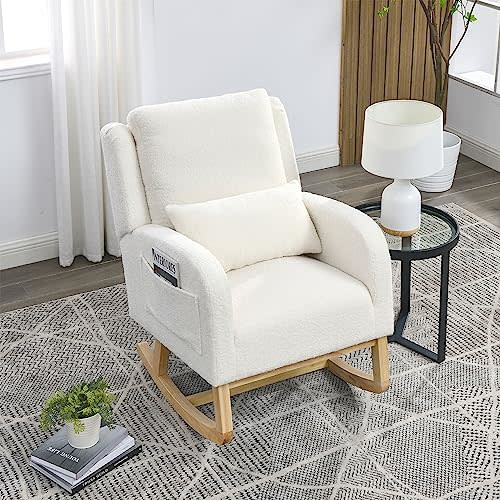 Rocking Chair Nursery with Pillow, Nursery Rocking Chairs in Teddy Fabric with Wingback & Armrest, Built-in 2 Side Pockets, Comfy Nursery Glider Nursing Chair Armchair for Living Room, Bedroom, White