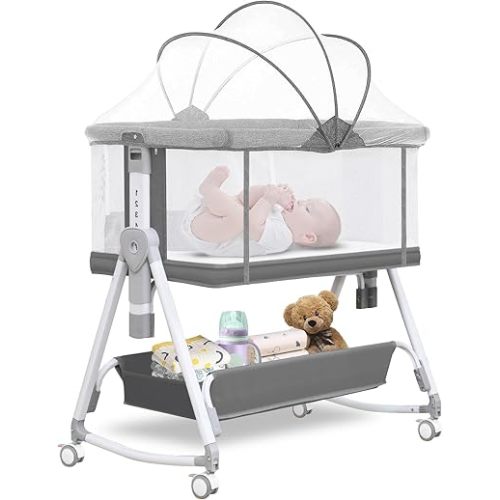 Youluzhen Baby Bassinet, 3 in 1 Baby Bassinets Bedside Sleeper, 7 Height Adjustable Bedside Bassinet for Baby with Wheels and Mattress, Portable 4-Sided Mesh Bedside Crib for Newborn, Grey