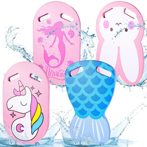 Junkin 4 Pcs Kids Kickboard for Pool Swimming Board with Handrail Holes Unicorn Bunny Fishtail Mermaid Shark for Swimming Training Beginners Practising Summer Pool Party