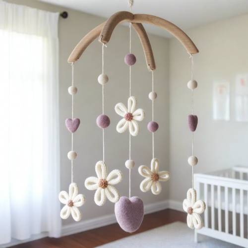 Daisies nursery mobile with purple - baby girl gift - floral baby room decor, flowers, retro
