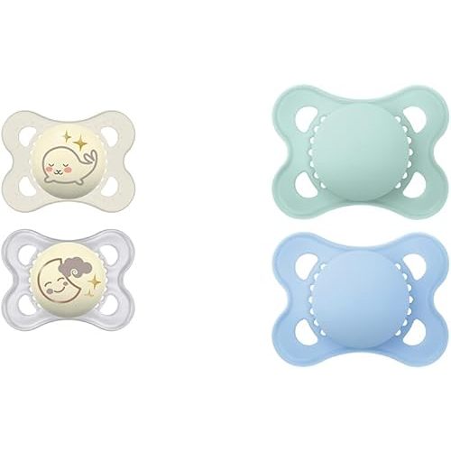 MAM Night Pacifiers with Glow-in-Dark Buttons, 0-6 Months (2 Count) & MAM Original Matte Baby Pacifiers, 0-6 Months (2 Count) with Self-Sterilizing Case